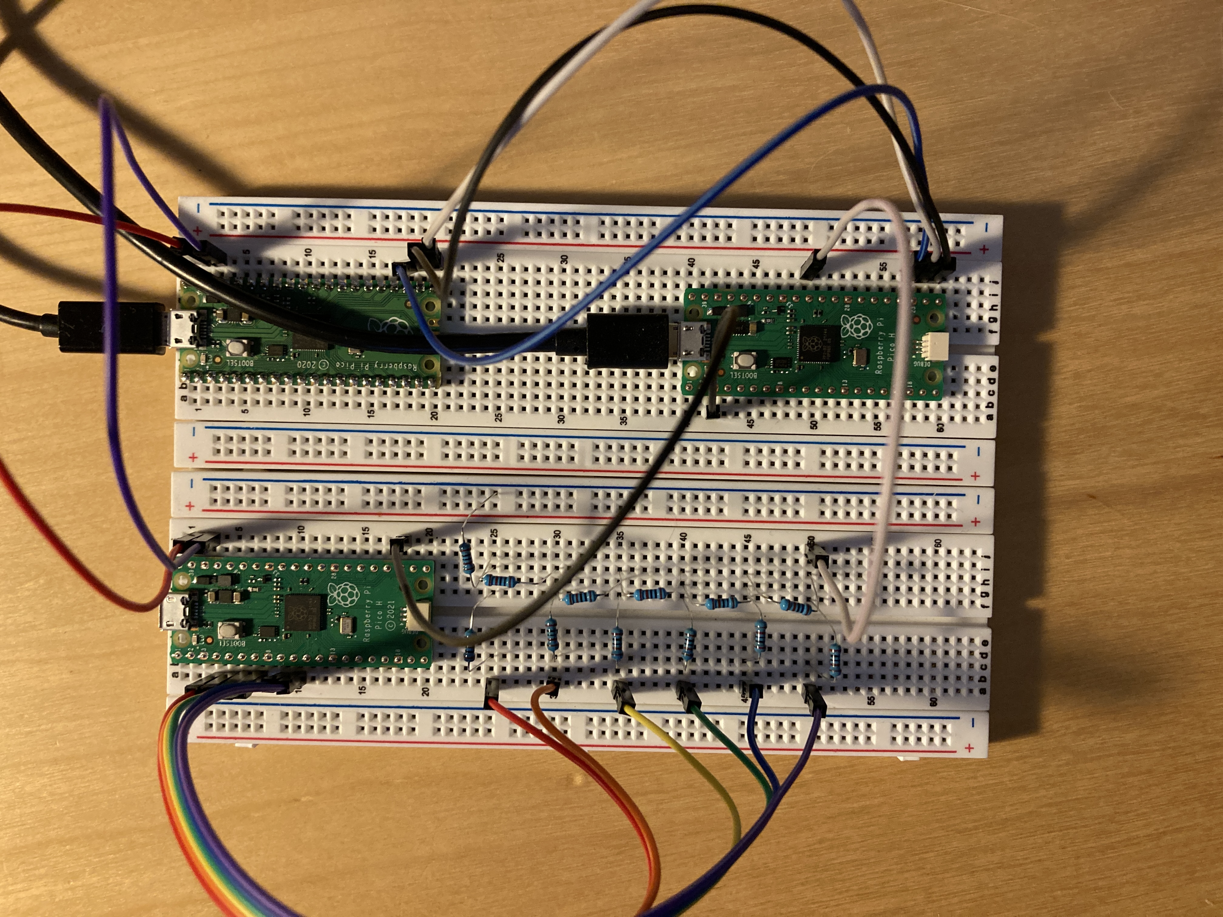 Two breadboards, three picos